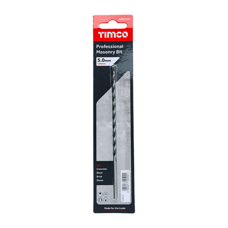 This is an image showing TIMCO Professional Masonry Bit - 5.0 x 150 - 1 Each Blister Pack available from T.H Wiggans Ironmongery in Kendal, quick delivery at discounted prices.