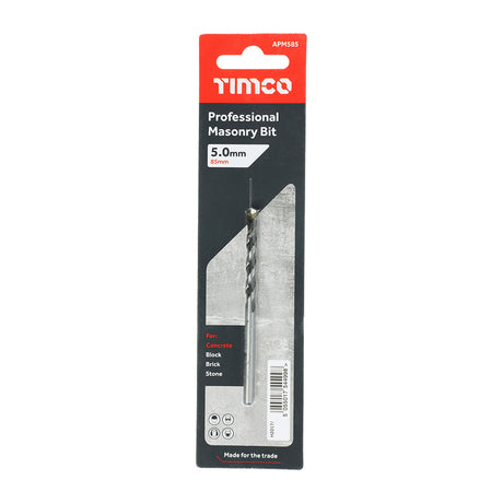 This is an image showing TIMCO Professional Masonry Bit - 5.0 x 85 - 1 Each Blister Pack available from T.H Wiggans Ironmongery in Kendal, quick delivery at discounted prices.