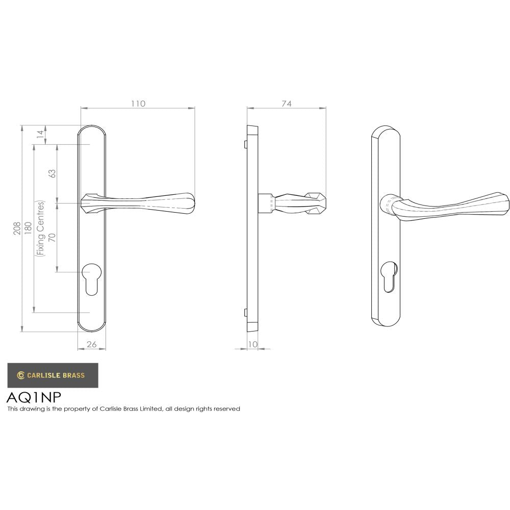 This image is a line drwaing of a Manital - Astro Lever on Euro Lock Narrowplate 70mm c/c - Satin Chrome available to order from Trade Door Handles in Kendal