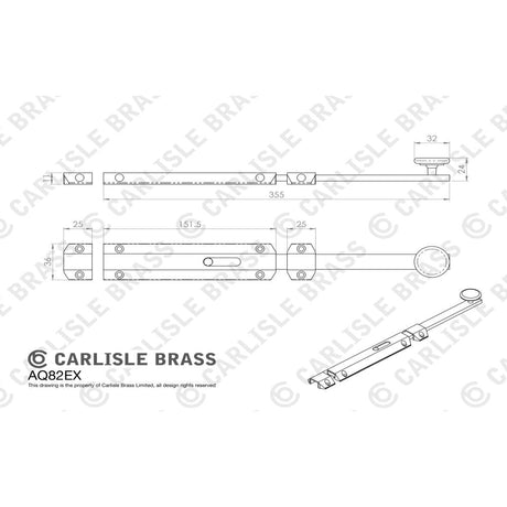 This image is a line drwaing of a Carlisle Brass - Surface Bolt - extended 355mm - Polished Brass available to order from Trade Door Handles in Kendal