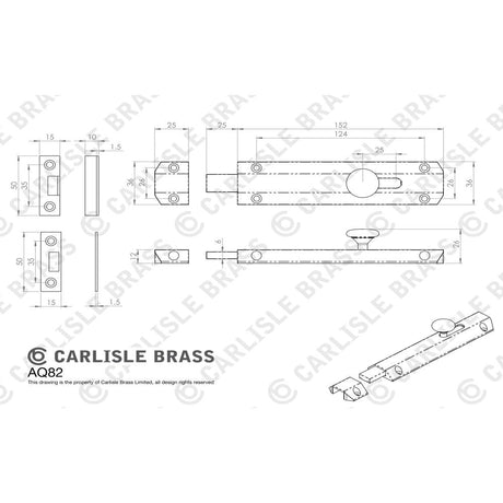 This image is a line drwaing of a Carlisle Brass - Surface Bolt 156mm - Polished Chrome available to order from Trade Door Handles in Kendal