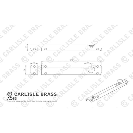 This image is a line drwaing of a Carlisle Brass - Surface Bolt 203mm - Polished Brass available to order from Trade Door Handles in Kendal