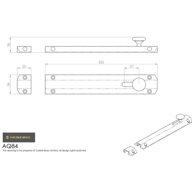 This image is a line drwaing of a Carlisle Brass - Surface Bolt 255mm - Satin Chrome available to order from T.H Wiggans Architectural Ironmongery in Kendal in Kendal