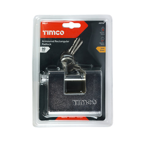 This is an image showing TIMCO Armoured Rectangular Padlock - 90mm - 1 Each Blister Pack available from T.H Wiggans Ironmongery in Kendal, quick delivery at discounted prices.
