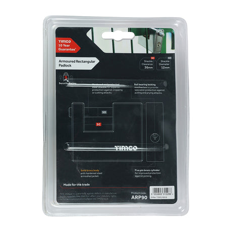 This is an image showing TIMCO Armoured Rectangular Padlock - 90mm - 1 Each Blister Pack available from T.H Wiggans Ironmongery in Kendal, quick delivery at discounted prices.