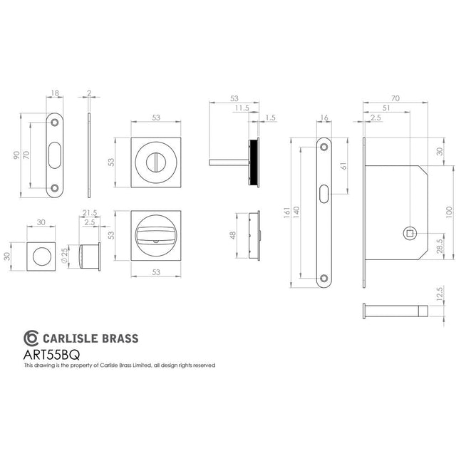 This image is a line drwaing of a Manital - Sliding Door Lock Set (Square) - Satin Nickel available to order from T.H Wiggans Architectural Ironmongery in Kendal