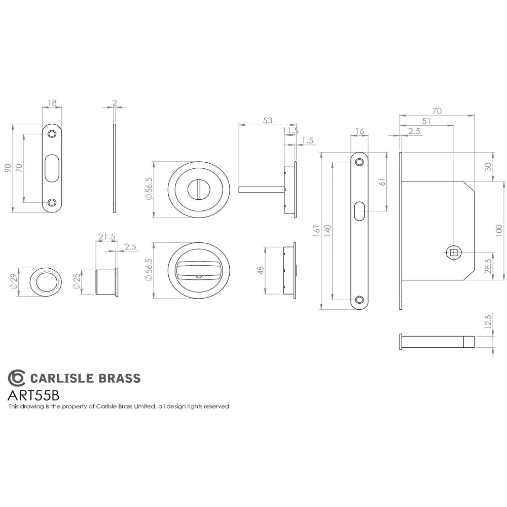 This image is a line drwaing of a Manital - Sliding Door Lock Set - Satin Brass available to order from T.H Wiggans Architectural Ironmongery in Kendal