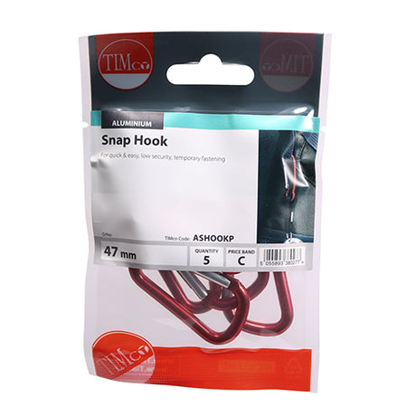 This is an image showing TIMCO Snap Hooks - Aluminium - 47mm - 5 Pieces TIMpac available from T.H Wiggans Ironmongery in Kendal, quick delivery at discounted prices.