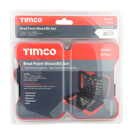 This is an image showing TIMCO Brad Point Wood Bit Set - 15pcs - 15 Pieces Case available from T.H Wiggans Ironmongery in Kendal, quick delivery at discounted prices.