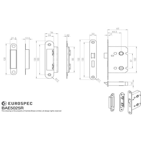 This image is a line drwaing of a Eurospec - Easi-T Residential Bathroom Lock 65mm Radius - Satin Nickel available to order from T.H Wiggans Architectural Ironmongery in Kendal