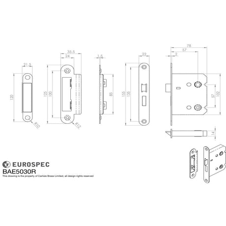 This image is a line drwaing of a Eurospec - Easi-T Residential Bathroom Lock 78mm - Matt Black available to order from T.H Wiggans Architectural Ironmongery in Kendal