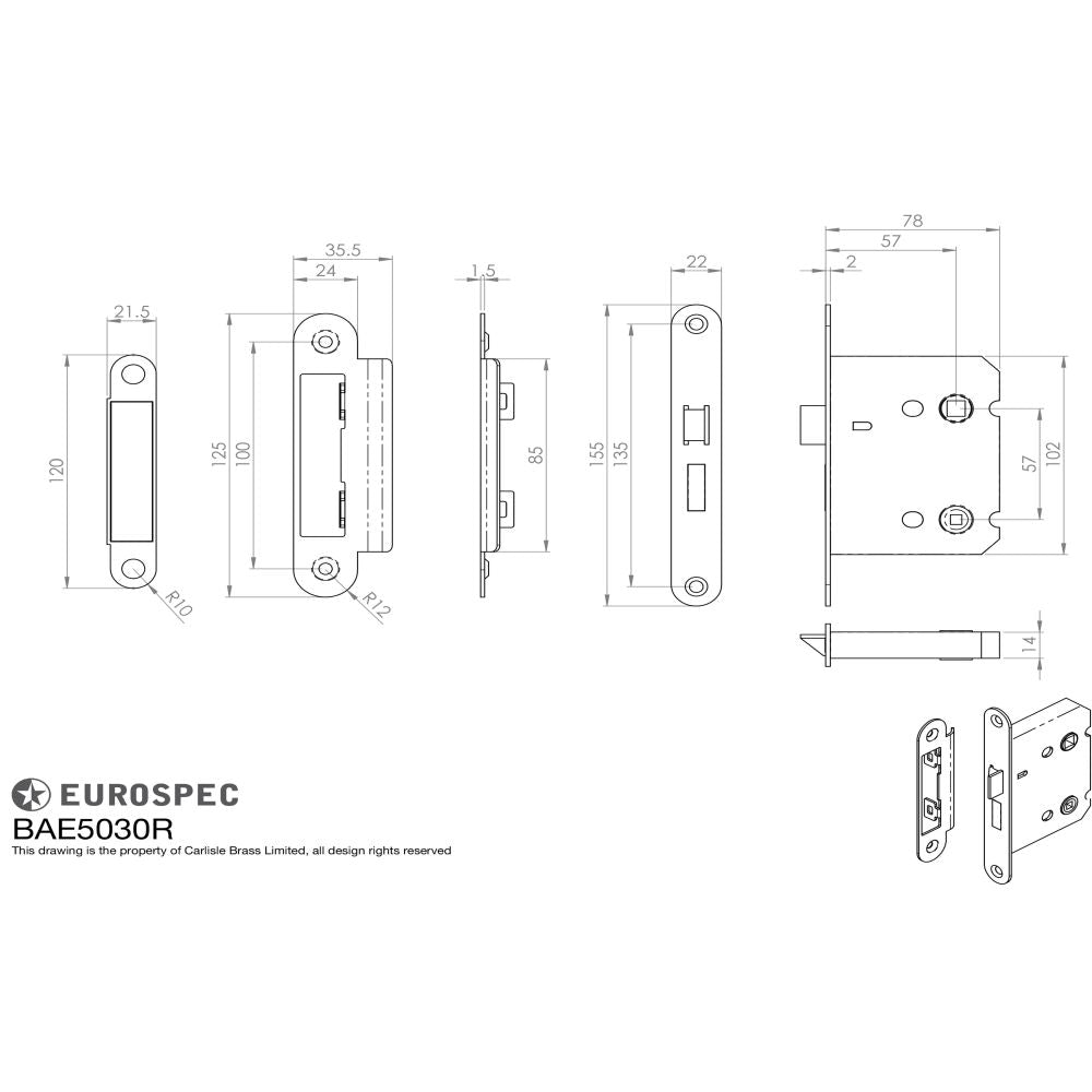 This image is a line drwaing of a Eurospec - Easi-T Residential Bathroom Lock 78mm Radius - Electro Brassed available to order from T.H Wiggans Architectural Ironmongery in Kendal