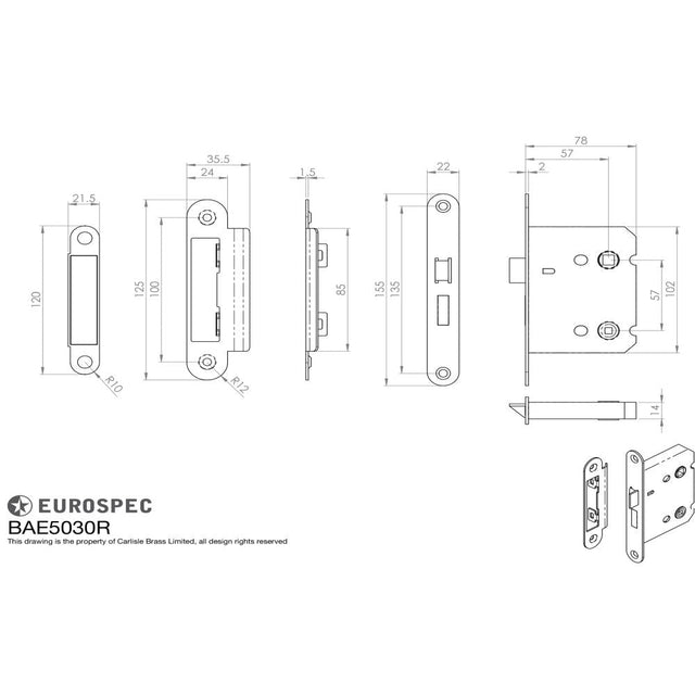 This image is a line drwaing of a Eurospec - Easi-T Residential Bathroom Lock 78mm Radius - Electro Brassed available to order from T.H Wiggans Architectural Ironmongery in Kendal