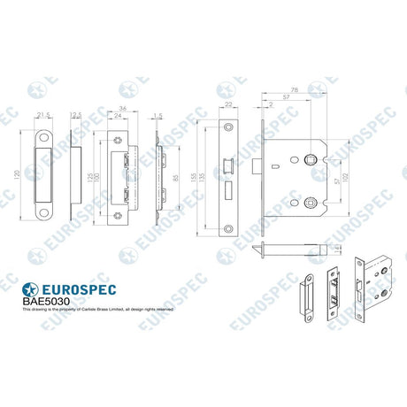 This image is a line drwaing of a Eurospec - Easi-T Residential Bathroom Lock 78mm - Matt Black available to order from T.H Wiggans Architectural Ironmongery in Kendal