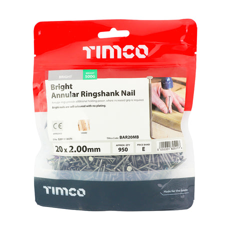 This is an image showing TIMCO Annular Ringshank Nails - Bright - 20 x 2.00 - 0.5 Kilograms TIMbag available from T.H Wiggans Ironmongery in Kendal, quick delivery at discounted prices.