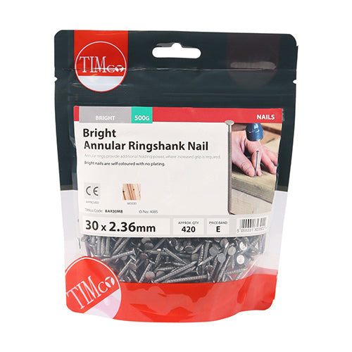 This is an image showing TIMCO Annular Ringshank Nails - Bright - 30 x 2.36 - 0.5 Kilograms TIMbag available from T.H Wiggans Ironmongery in Kendal, quick delivery at discounted prices.