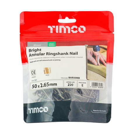 This is an image showing TIMCO Annular Ringshank Nails - Bright - 50 x 2.65 - 0.5 Kilograms TIMbag available from T.H Wiggans Ironmongery in Kendal, quick delivery at discounted prices.