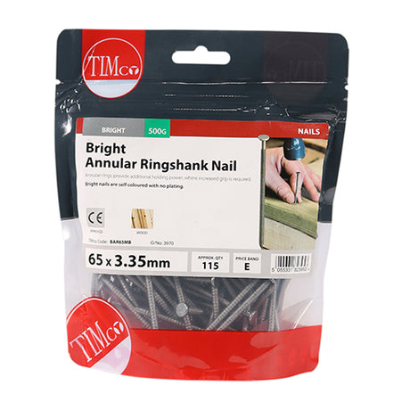 This is an image showing TIMCO Annular Ringshank Nails - Bright - 65 x 3.35 - 0.5 Kilograms TIMbag available from T.H Wiggans Ironmongery in Kendal, quick delivery at discounted prices.