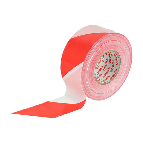 This is an image showing TIMCO Barrier Tape - Red & White - 500m x 70mm - 1 Each Box available from T.H Wiggans Ironmongery in Kendal, quick delivery at discounted prices.