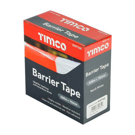 This is an image showing TIMCO Barrier Tape - Red & White - 500m x 70mm - 1 Each Box available from T.H Wiggans Ironmongery in Kendal, quick delivery at discounted prices.