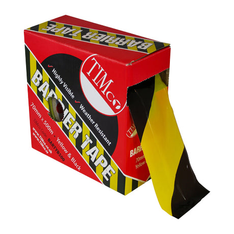 This is an image showing TIMCO Barrier Tape - Yellow & Black - 500m x 70mm - 1 Each Box available from T.H Wiggans Ironmongery in Kendal, quick delivery at discounted prices.