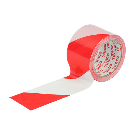 This is an image showing TIMCO Barrier Tape - Red & White - 100m x 70mm - 1 Each Roll available from T.H Wiggans Ironmongery in Kendal, quick delivery at discounted prices.
