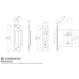 This image is a line drwaing of a Eurospec - Bathroom Lock 64mm - Satin Stainless Steel available to order from T.H Wiggans Architectural Ironmongery in Kendal