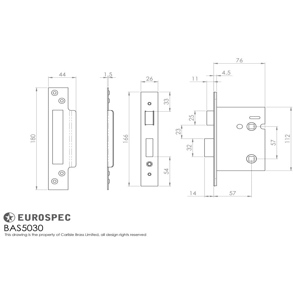 This image is a line drwaing of a Eurospec - Bathroom Lock 76mm - Satin Stainless Steel available to order from T.H Wiggans Architectural Ironmongery in Kendal