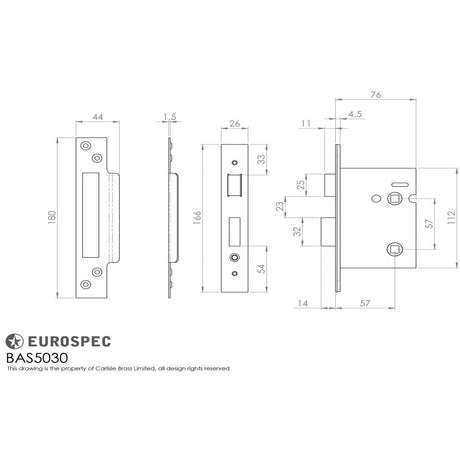 This image is a line drwaing of a Eurospec - Bathroom Lock 76mm - Satin Stainless Steel available to order from T.H Wiggans Architectural Ironmongery in Kendal