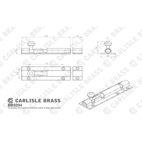 This image is a line drwaing of a Carlisle Brass - Barrel Bolt 102mm - Polished Brass available to order from Trade Door Handles in Kendal