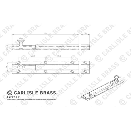 This image is a line drwaing of a Carlisle Brass - Barrel Bolt 151mm - Polished Brass available to order from T.H Wiggans Architectural Ironmongery in Kendal in Kendal