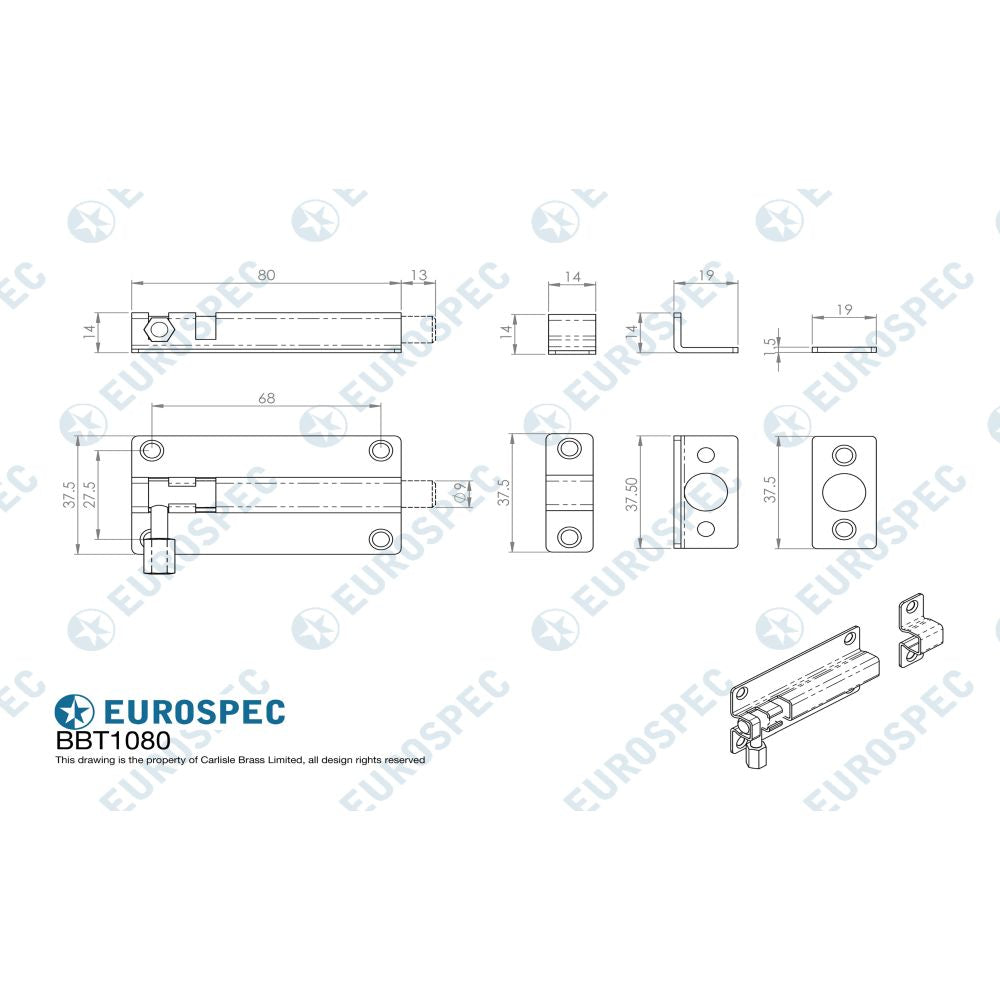 This image is a line drwaing of a Eurospec - Straight Barrel Bolt - Satin Stainless Steel available to order from Trade Door Handles in Kendal