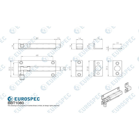 This image is a line drwaing of a Eurospec - Straight Barrel Bolt - Satin Stainless Steel available to order from Trade Door Handles in Kendal