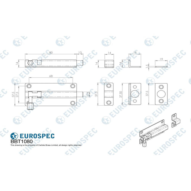 This image is a line drwaing of a Eurospec - Straight Barrel Bolt - Bright Stainless Steel available to order from T.H Wiggans Architectural Ironmongery in Kendal in Kendal