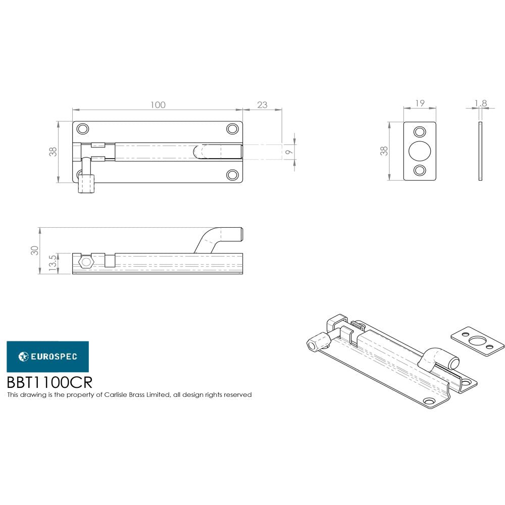 This image is a line drwaing of a Eurospec - Cranked Barrel Bolt - Satin Stainless Steel available to order from Trade Door Handles in Kendal