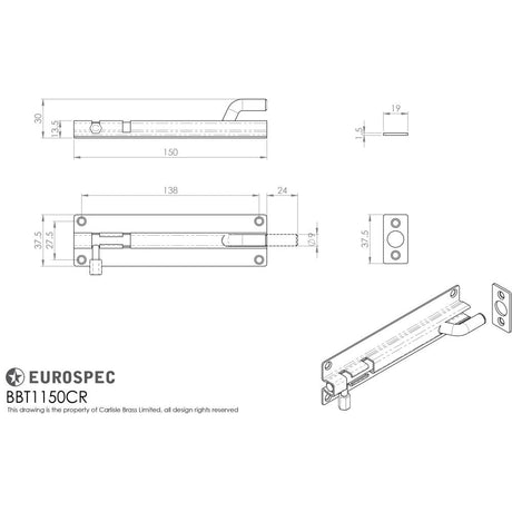 This image is a line drwaing of a Eurospec - Cranked Barrel Bolt - Satin Stainless Steel available to order from T.H Wiggans Architectural Ironmongery in Kendal in Kendal