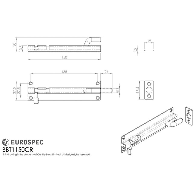 This image is a line drwaing of a Eurospec - Cranked Barrel Bolt - Satin Stainless Steel available to order from T.H Wiggans Architectural Ironmongery in Kendal in Kendal