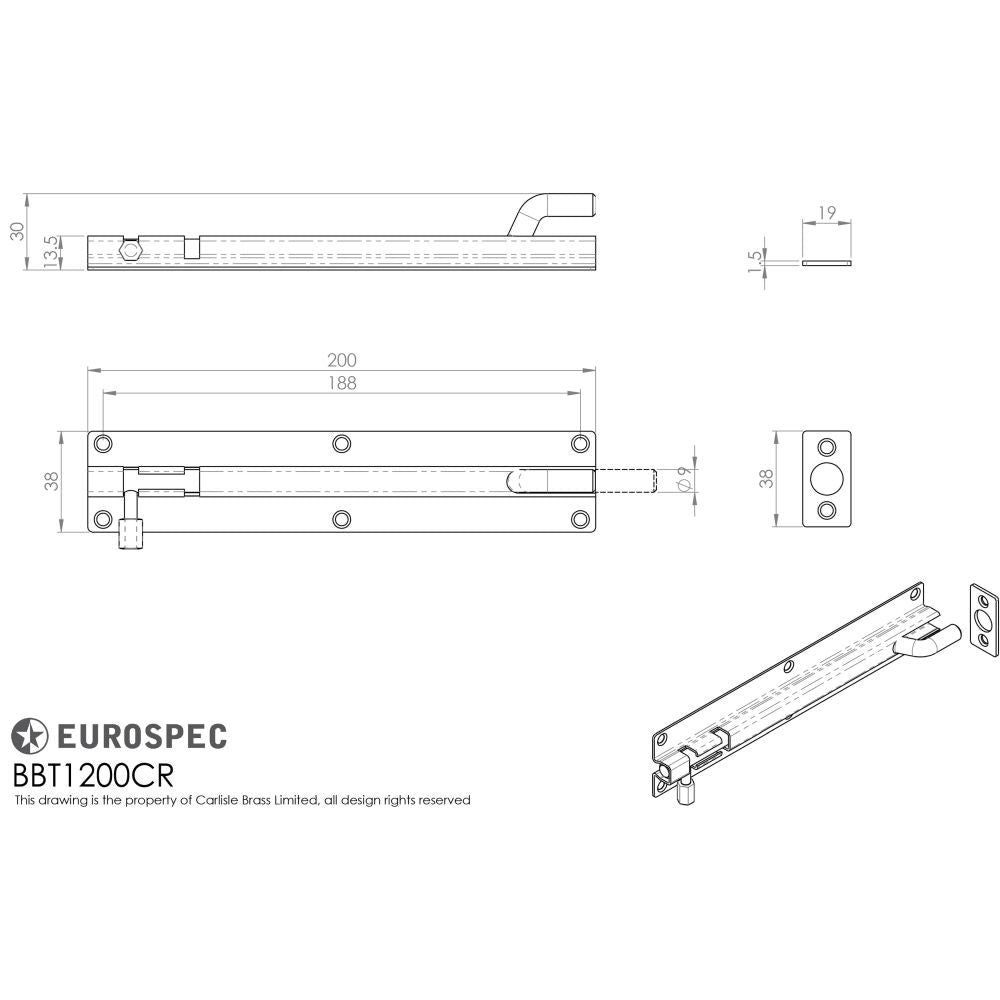 This image is a line drwaing of a Eurospec - Cranked Barrel Bolt - Bright Stainless Steel available to order from T.H Wiggans Architectural Ironmongery in Kendal in Kendal