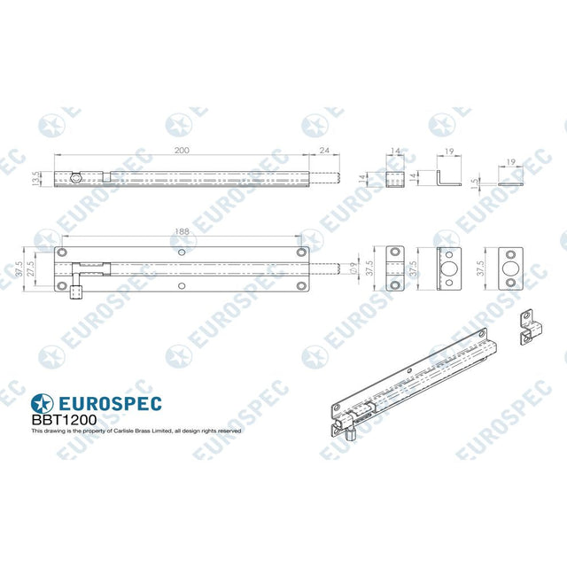 This image is a line drwaing of a Eurospec - Straight Barrel Bolt - Satin Stainless Steel available to order from T.H Wiggans Architectural Ironmongery in Kendal in Kendal