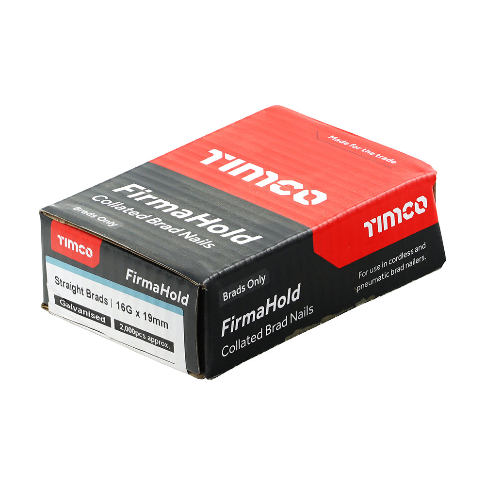 This is an image showing TIMCO FirmaHold Collated Brad Nails - 16 Gauge - Straight - Galvanised - 16g x 19 - 2000 Pieces Box available from T.H Wiggans Ironmongery in Kendal, quick delivery at discounted prices.