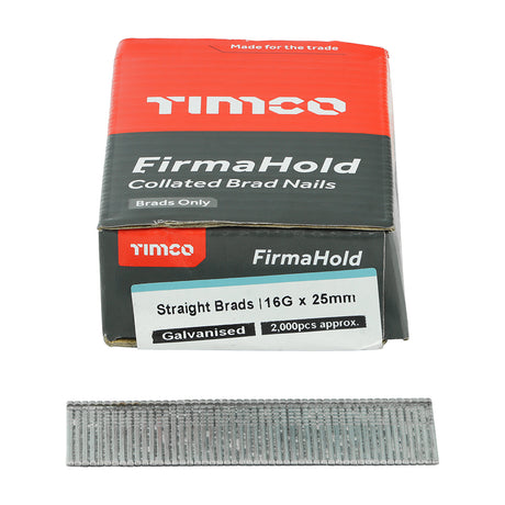 This is an image showing TIMCO FirmaHold Collated Brad Nails - 16 Gauge - Straight - Galvanised - 16g x 25 - 2000 Pieces Box available from T.H Wiggans Ironmongery in Kendal, quick delivery at discounted prices.