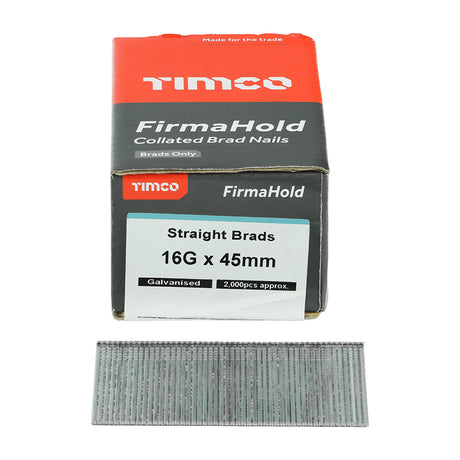 This is an image showing TIMCO FirmaHold Collated Brad Nails - 16 Gauge - Straight - Galvanised - 16g x 45 - 2000 Pieces Box available from T.H Wiggans Ironmongery in Kendal, quick delivery at discounted prices.