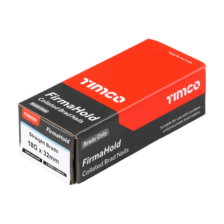 This is an image showing TIMCO FirmaHold Collated Brad Nails - 18 Gauge - Straight - Galvanised - 18g x 32 - 5000 Pieces Box available from T.H Wiggans Ironmongery in Kendal, quick delivery at discounted prices.
