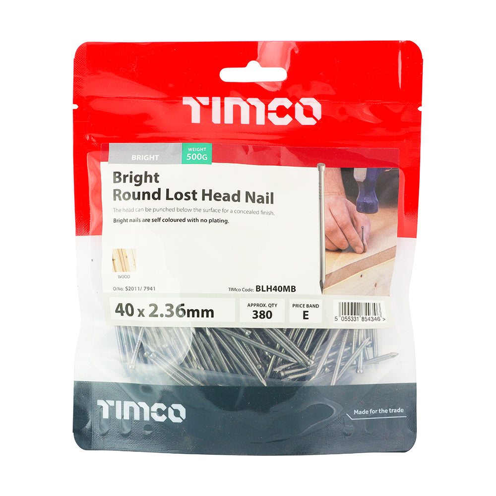 This is an image showing TIMCO Round Lost Head Nails - Bright - 40 x 2.36 - 0.5 Kilograms TIMbag available from T.H Wiggans Ironmongery in Kendal, quick delivery at discounted prices.