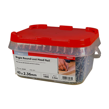 This is an image showing TIMCO Round Lost Head Nails - Bright - 40 x 2.36 - 2.5 Kilograms TIMtub available from T.H Wiggans Ironmongery in Kendal, quick delivery at discounted prices.