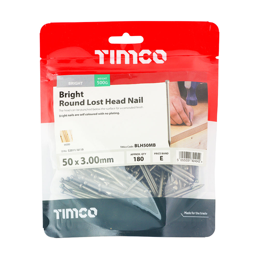 This is an image showing TIMCO Round Lost Head Nails - Bright - 50 x 3.00 - 0.5 Kilograms TIMbag available from T.H Wiggans Ironmongery in Kendal, quick delivery at discounted prices.