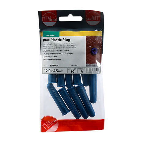 This is an image showing TIMCO Plastic Plugs - Blue - 48mm - 10 Pieces TIMpac available from T.H Wiggans Ironmongery in Kendal, quick delivery at discounted prices.