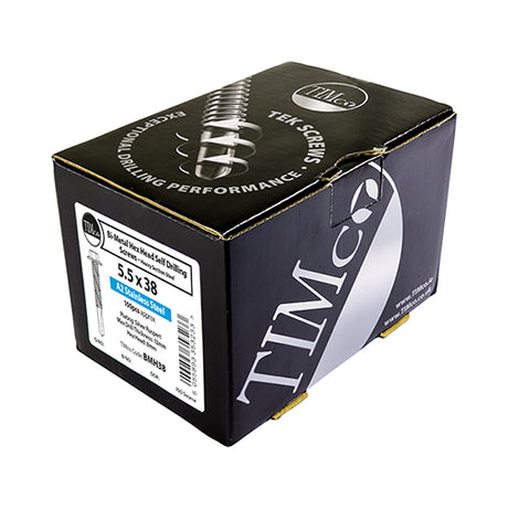 This is an image showing TIMCO Metal Construction Heavy Section Screws - Hex - EPDM Washer - Self-Drilling - Exterior - Silver Organic - 5.5 x 38 - 100 Pieces Box available from T.H Wiggans Ironmongery in Kendal, quick delivery at discounted prices.