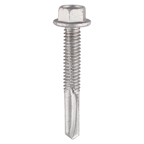 This is an image showing TIMCO Metal Construction Heavy Section Screws - Hex - Self-Drilling - Bi-Metal - Exterior - Silver Organic - 5.5 x 55 - 100 Pieces Box available from T.H Wiggans Ironmongery in Kendal, quick delivery at discounted prices.