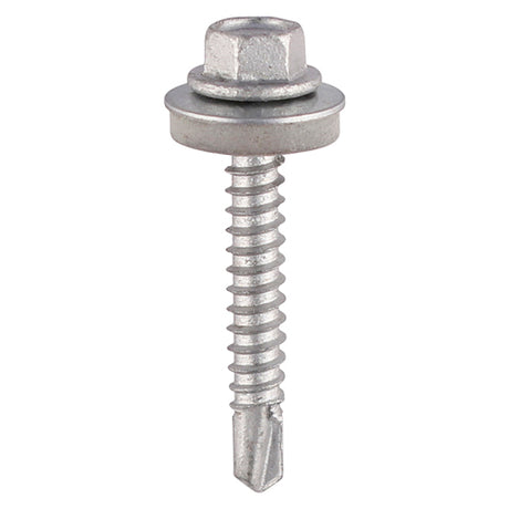 This is an image showing TIMCO Metal Construction Light Section Screws - Hex - EPDM Washer - Self-Drilling - Exterior - Silver Organic - 5.5 x 100 - 100 Pieces Box available from T.H Wiggans Ironmongery in Kendal, quick delivery at discounted prices.